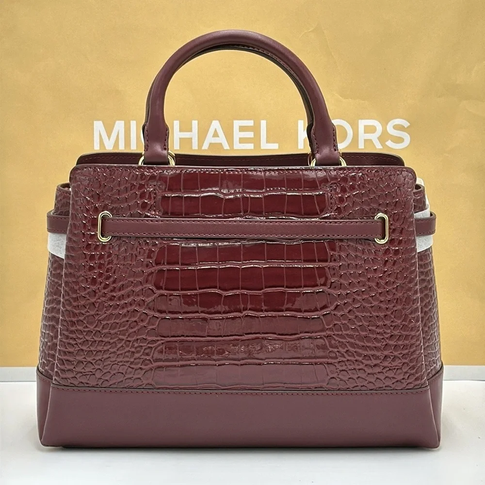 NWT MICHAEL MICHAEL KORS Reed Large Croc-Embossed Leather Belted Satchel Oxblood